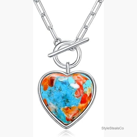Sterling Silver Gemstone Heart Pendant Necklace with Toggle Clasp